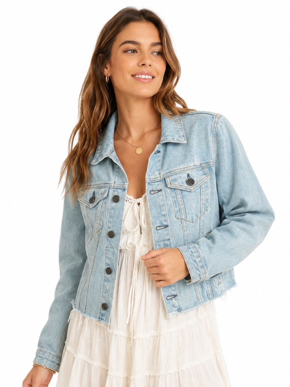 GRLFRND Cropped Distressed Denim Jacket Light Wash Trucker NWT XS